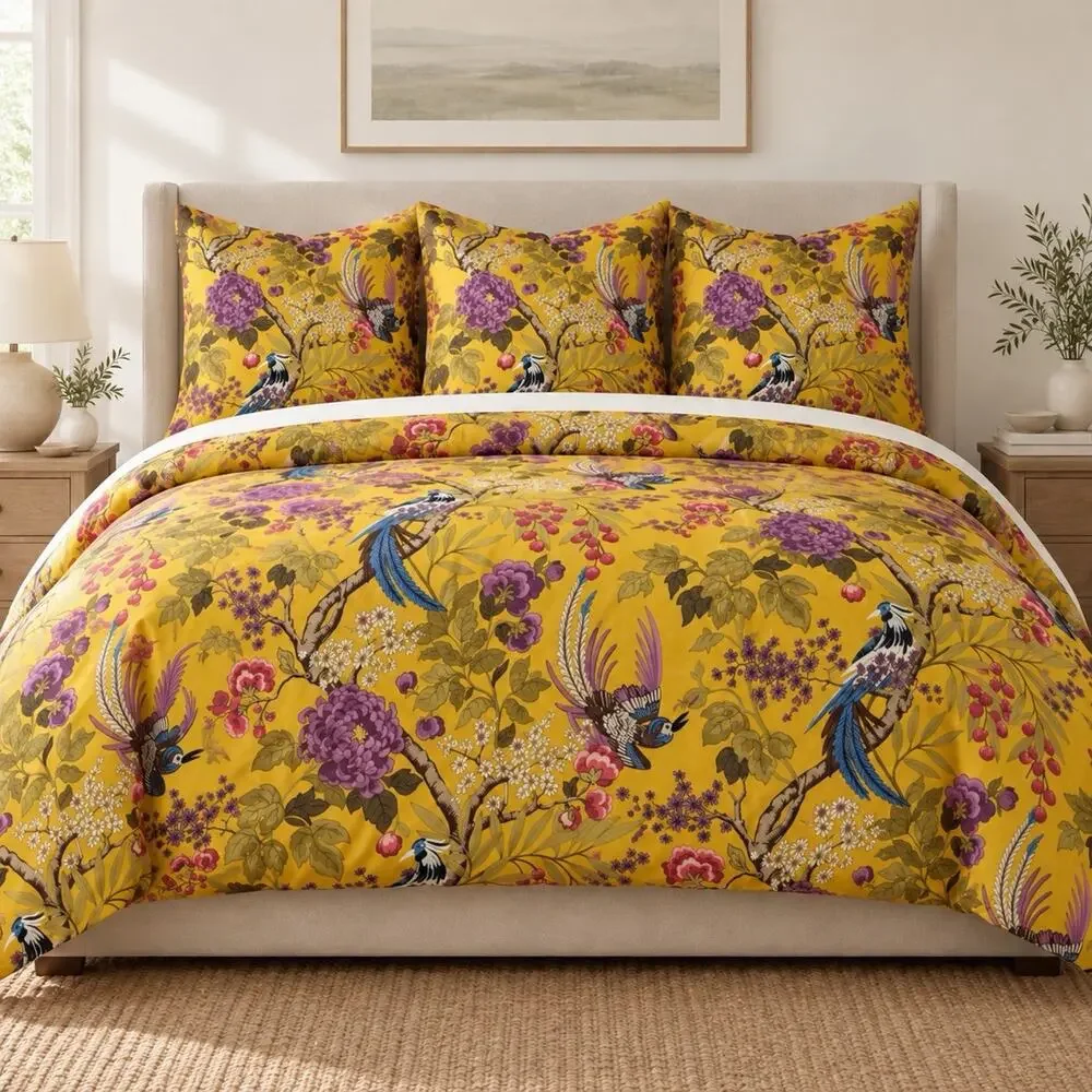 Pottery Barn Brynn King Duvet plus 3 Euro Shams Floral Birds Cotton Linen 4pc